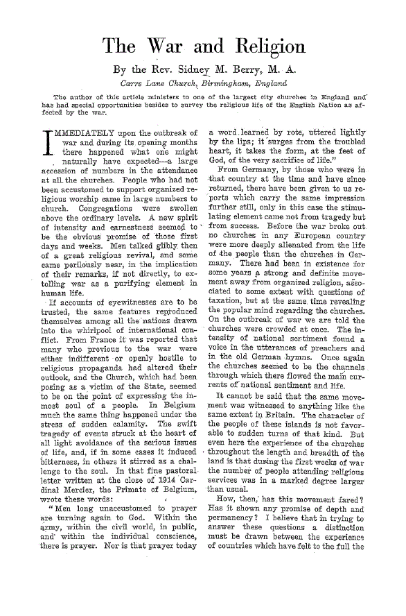 First page of The War and Religion