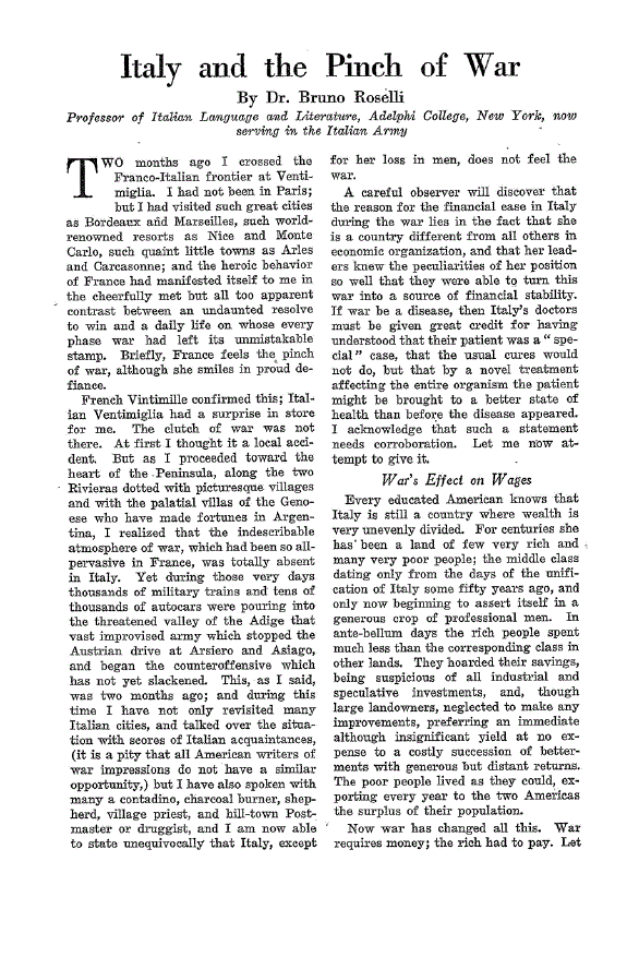 First page of Italy and the Pinch of War