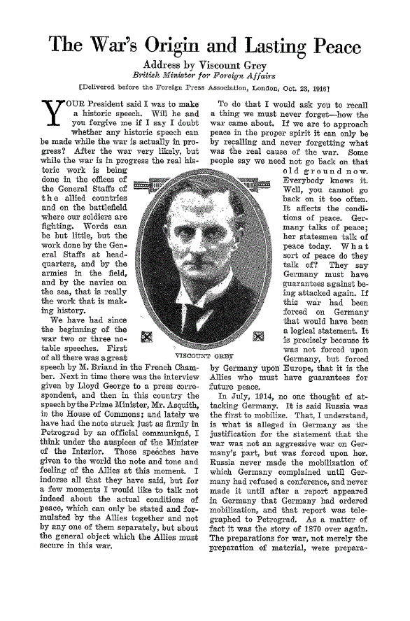 First page of The War’s Origin and Lasting Peace