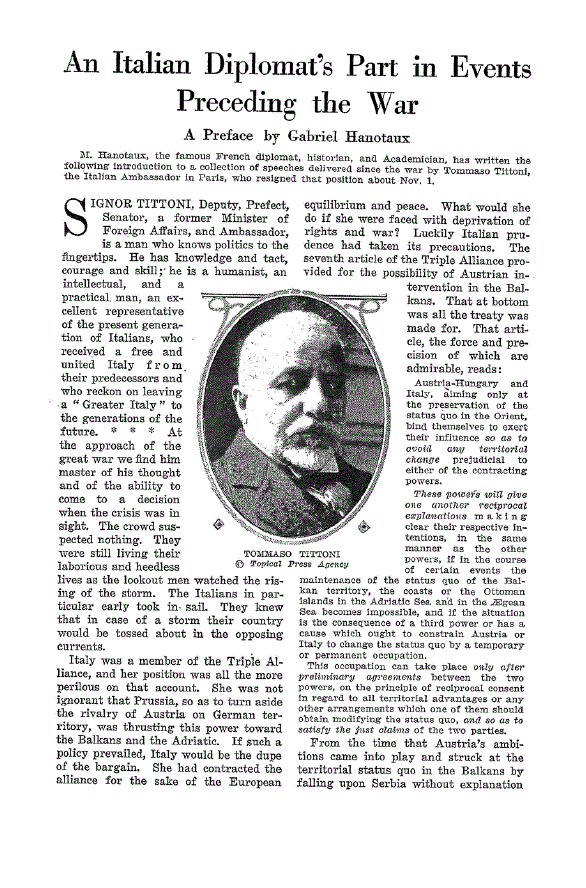 First page of An Italian Diplomat’s Part in Events Preceding the War