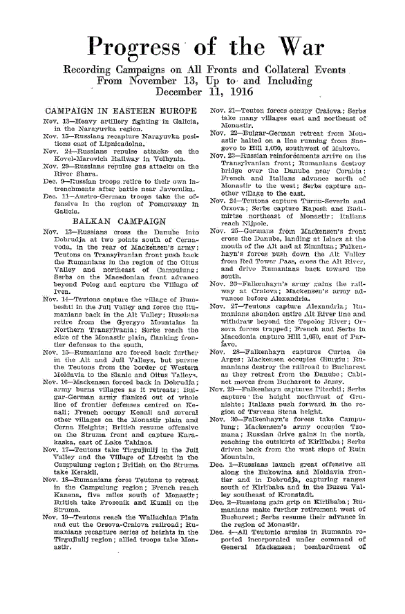 First page of Progress of the War<subtitle>Recording Campaigns on all Fronts and Collateral Events from November 13, Up to and Including December 11, 1916</subtitle>