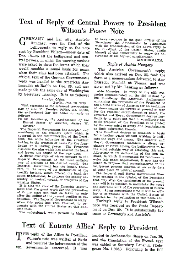 First page of Text of Entente Allies’ Reply to President