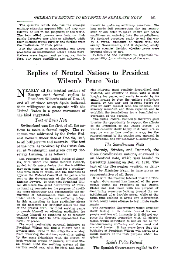 First page of Replies of Neutral Nations to President Wilson’s Peace Note