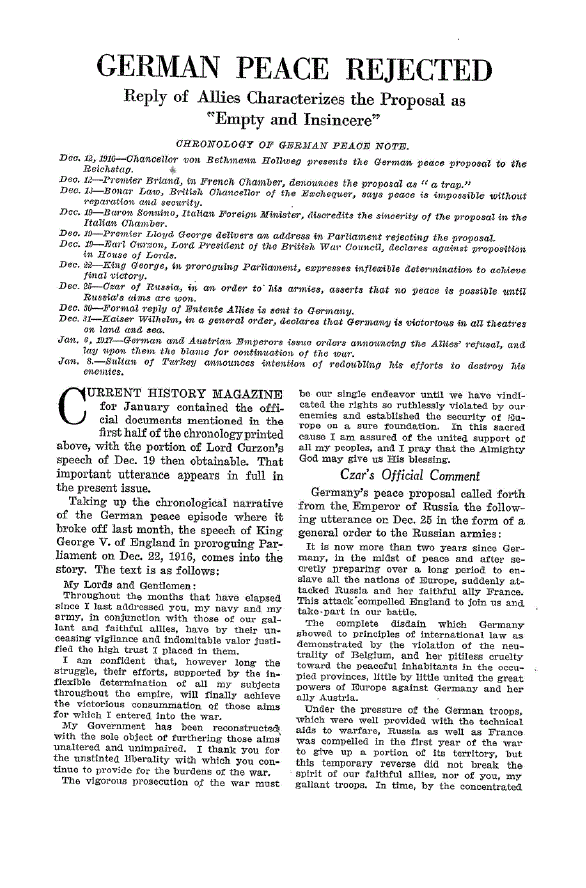 First page of German Peace Rejected<subtitle>Reply of Allies Characterizes the Proposal as “Empty and Insincere”</subtitle>