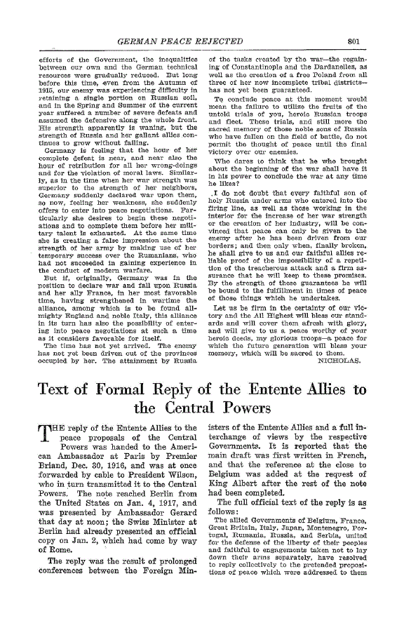 First page of Text of Formal Reply of the Entente Allies to the Central Powers
