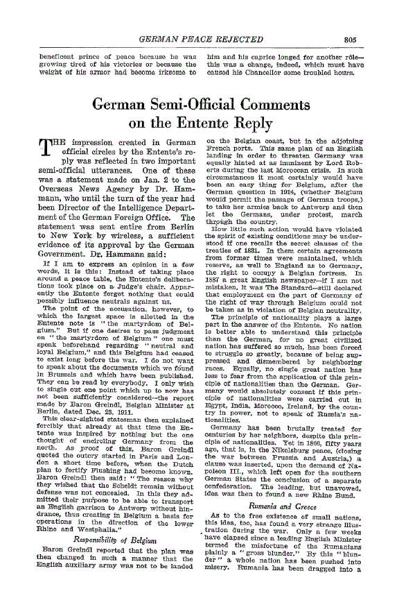 First page of German Semi-Official Comments on the Entente Reply