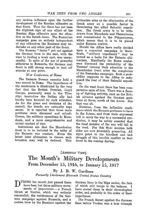 First page of The Month’s Military Developments from December 15, 1916, to January 15, 1917