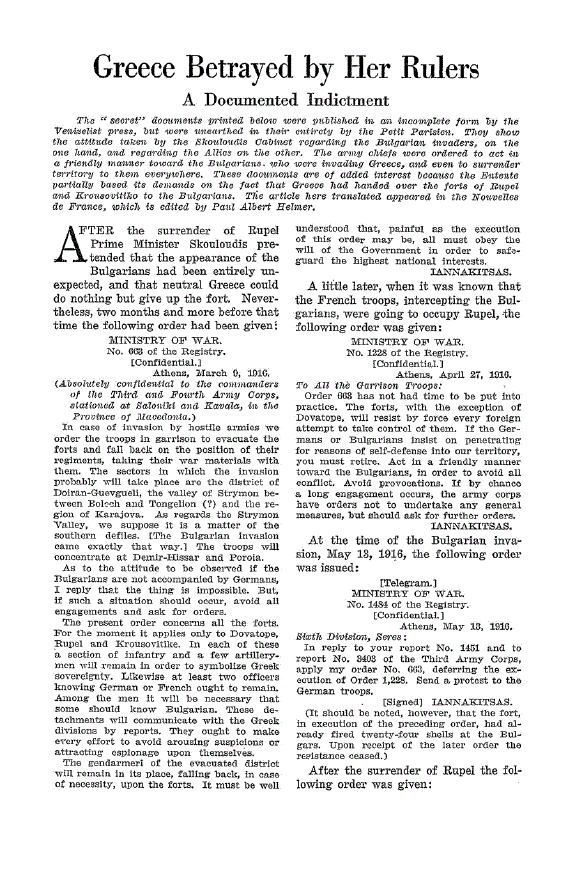First page of Greece Betrayed by her Rulers<subtitle>A Documented Indictment</subtitle>