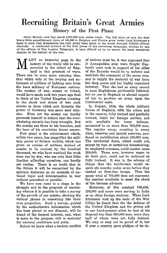 First page of Recruiting Britain’s Great Armies<subtitle>History of the First Phase</subtitle>