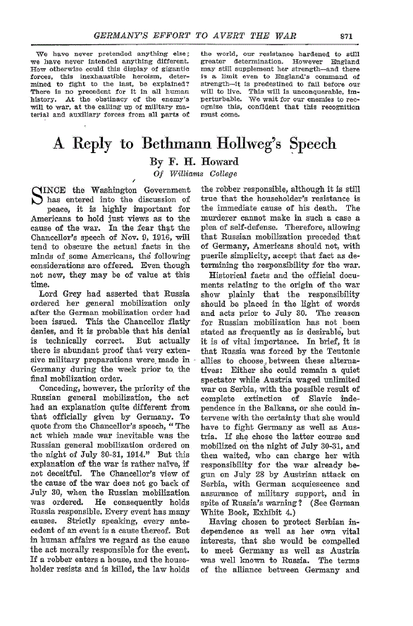 First page of A Reply to Bethmann Hollweg’s Speech