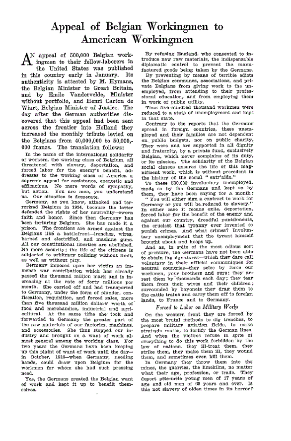 First page of Appeal of Belgian Workingmen to American Workingmen