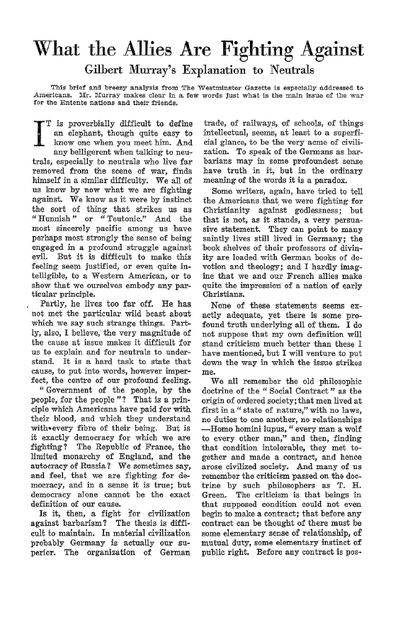 First page of What the Allies are Fighting Against<subtitle>Gilbert Murray’s Explanation to Neutrals</subtitle>