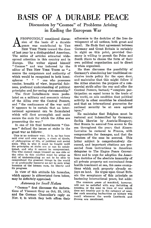First page of Basis Of A Durable Peace<subtitle>Discussion by “Cosmos” of Problems Arising in Ending the European War</subtitle>