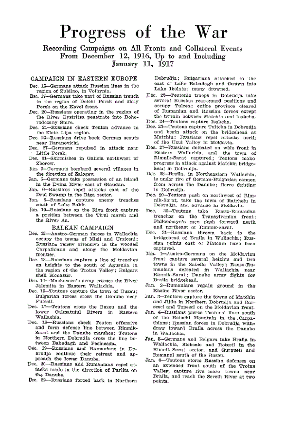 First page of Progress of the War<subtitle>Recording Campaigns on all Fronts and Collateral Events from December 12, 1916, Up to and Including January 11, 1917</subtitle>