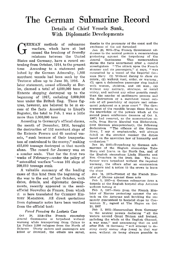 First page of The German Submarine Record<subtitle>Details of Chief Vessels Sunk, with Diplomatic Developments</subtitle>