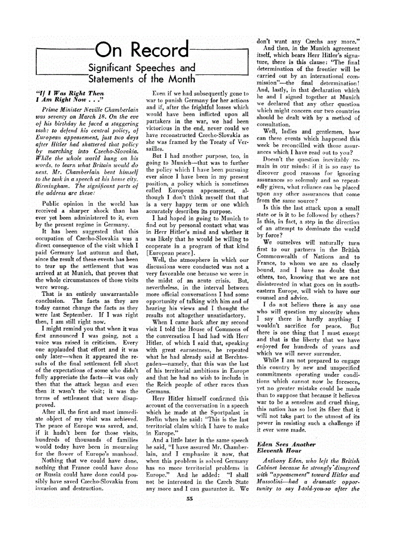 First page of On Record<subtitle>Significant Speeches and Statements of the Month</subtitle>