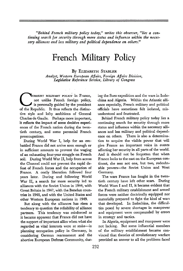 First page of French Military Policy