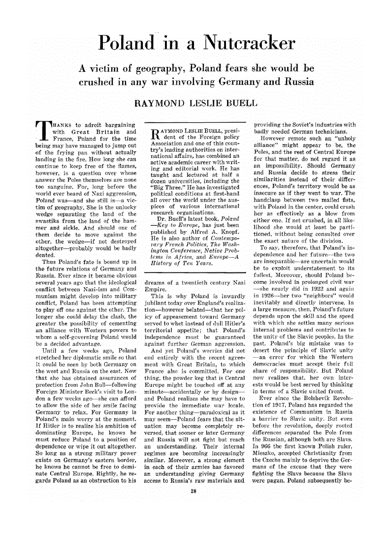 First page of Poland in a Nutcracker<subtitle>A victim of geography, Poland fears she would be crushed in any war involving Germany and Russia</subtitle>