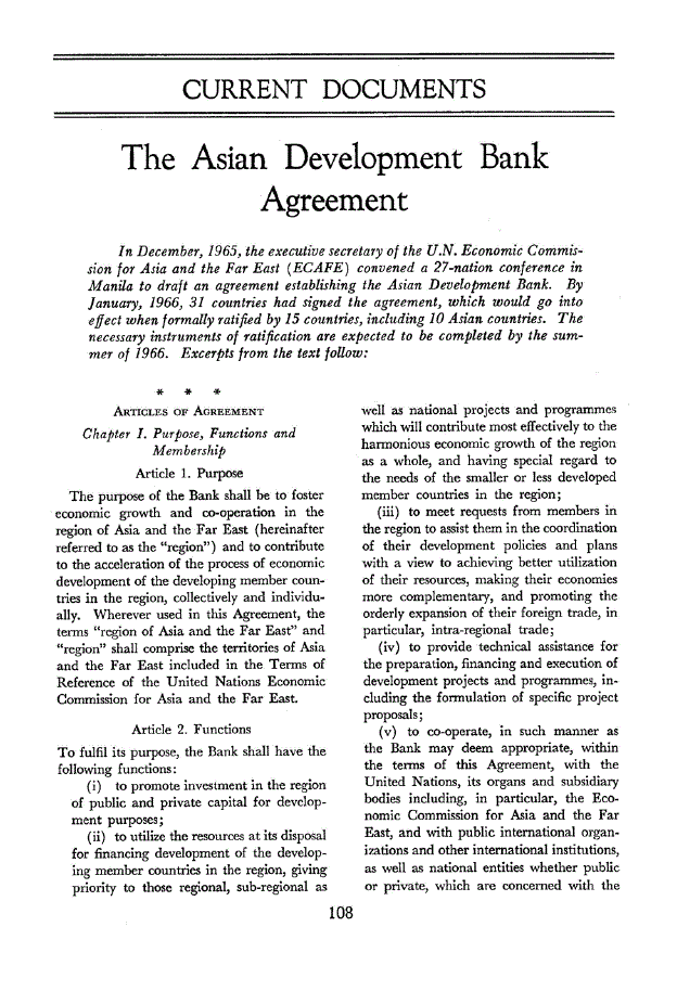 First page of The Asian Development Bank Agreement