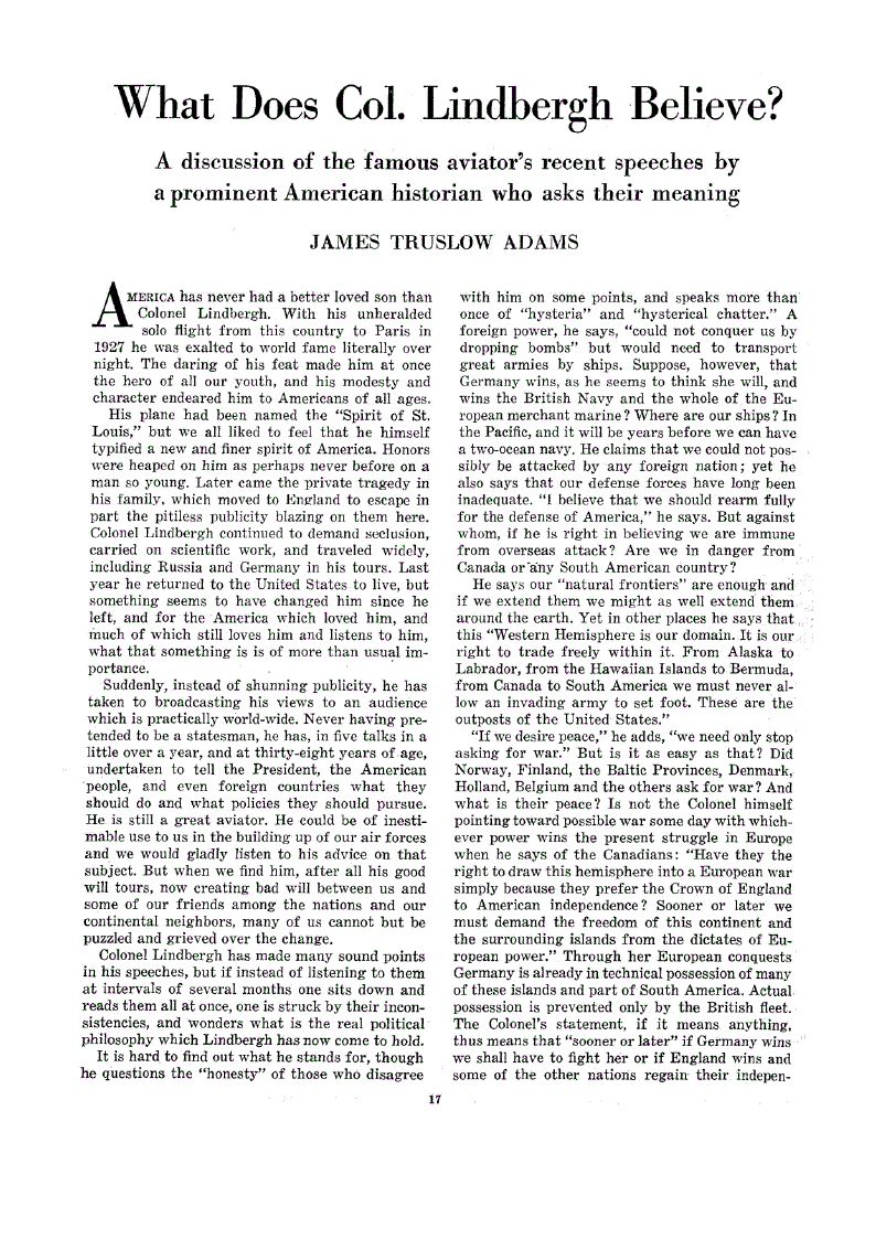 First page of What Does Col. Lindbergh Believe?<subtitle>A discussion of the famous aviator’s recent speeches by a prominent American historian who asks their meaning</subtitle>