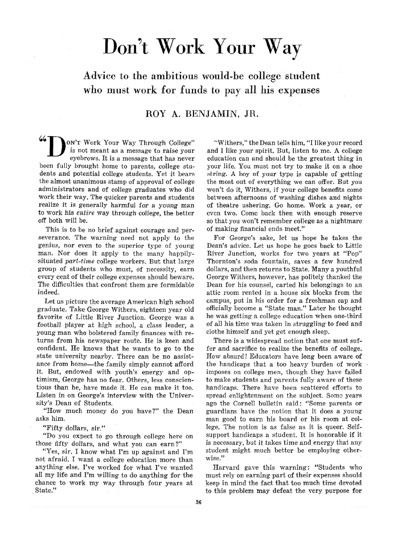 First page of Don’t Work Your Way<subtitle>Advice to the ambitious would-be college student who must work for funds to pay all his expenses</subtitle>
