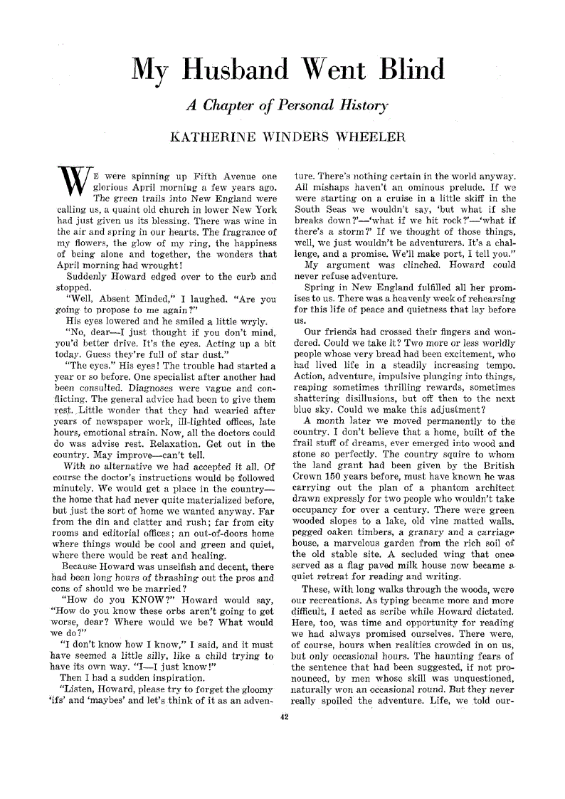 First page of My Husband Went Blind<subtitle>A Chapter of Personal History</subtitle>