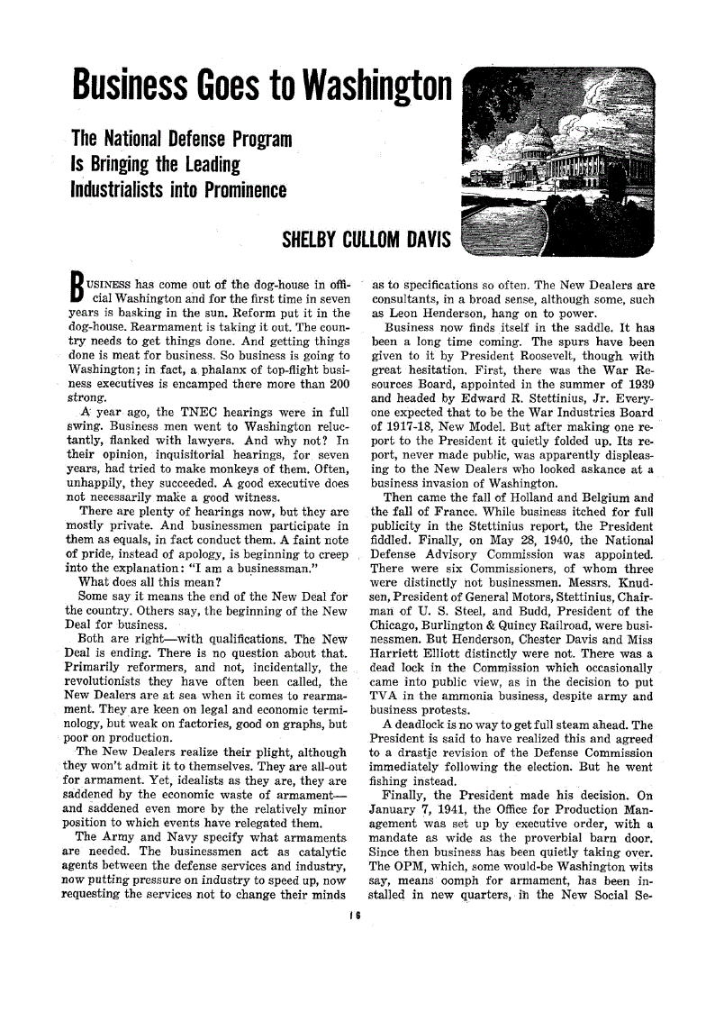 First page of Business Goes to Washington<subtitle>The National Defense Program is Bringing the Leading Industrialists into Prominence</subtitle>