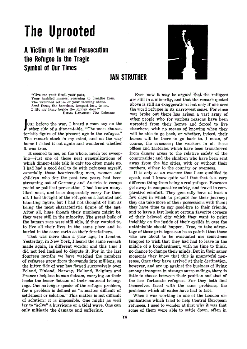 First page of The Uprooted<subtitle>A Victim of War and Persecution the Refugee Is the Tragic Symbol of Our Times</subtitle>