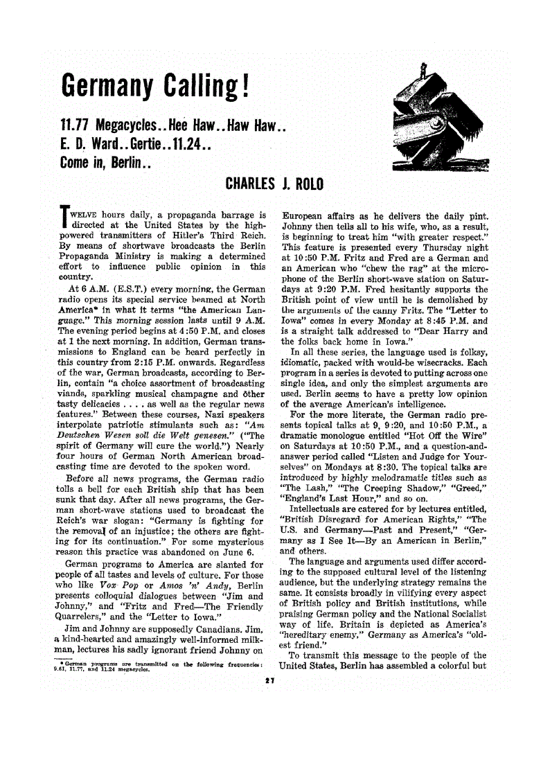 First page of Germany Calling!<subtitle>11.77 Megacycles..Hee Haw..Haw Haw.. E.D. Ward..Gertie..11.24.. Come in, Berlin..</subtitle>