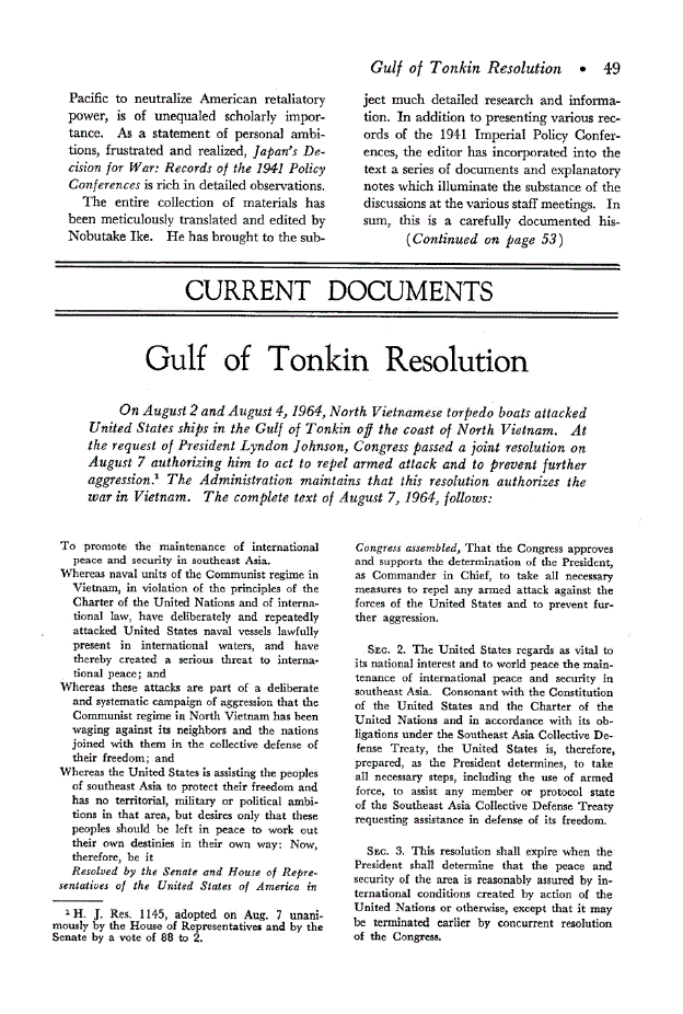 First page of Gulf of Tonkin Resolution