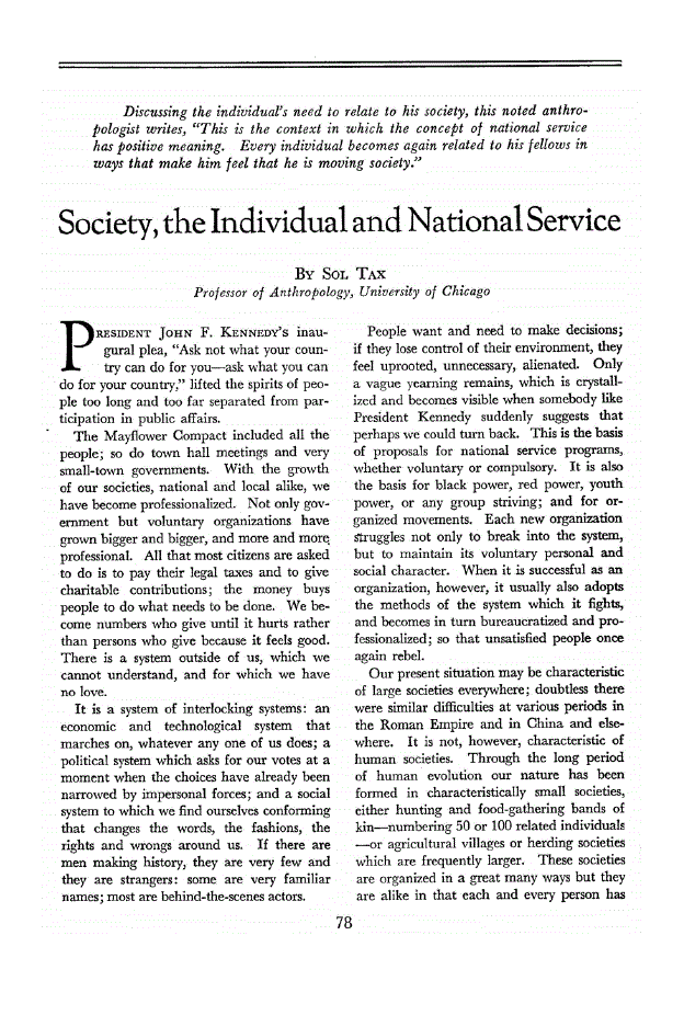 First page of Society, the Individual and National Service