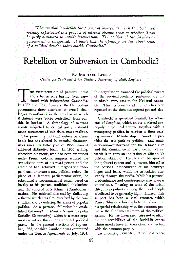 First page of Rebellion or Subversion in Cambodia?