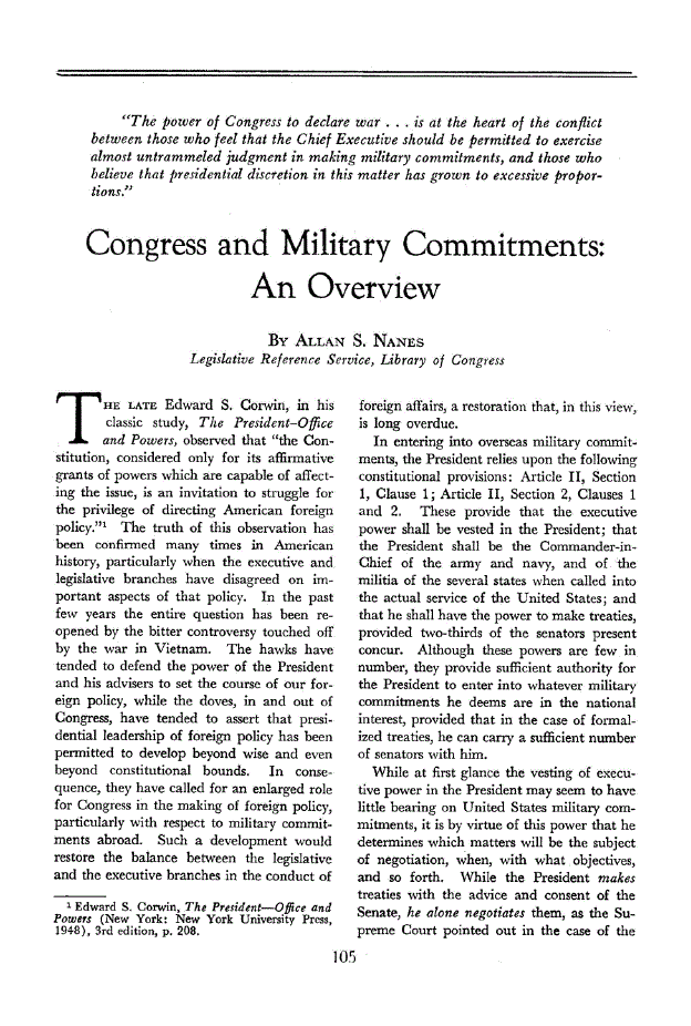 First page of Congress and Military Commitments: An Overview