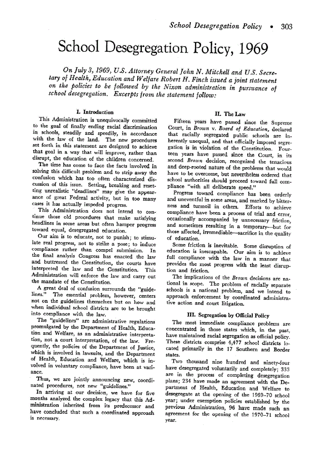First page of School Desegregation Policy, 1969