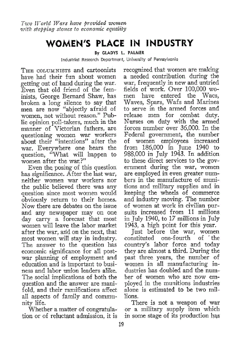 First page of Women’s Place in Industry