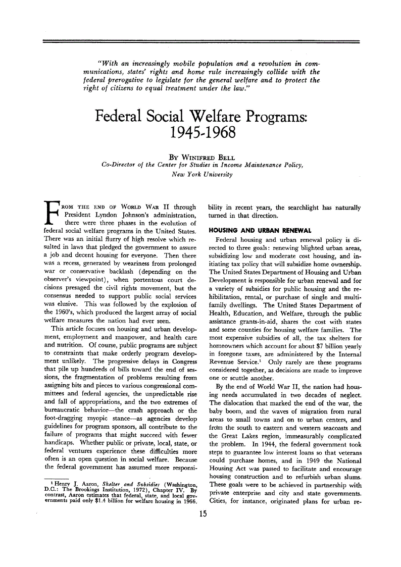 First page of Federal Social Welfare Programs<subtitle>1945-1968</subtitle>