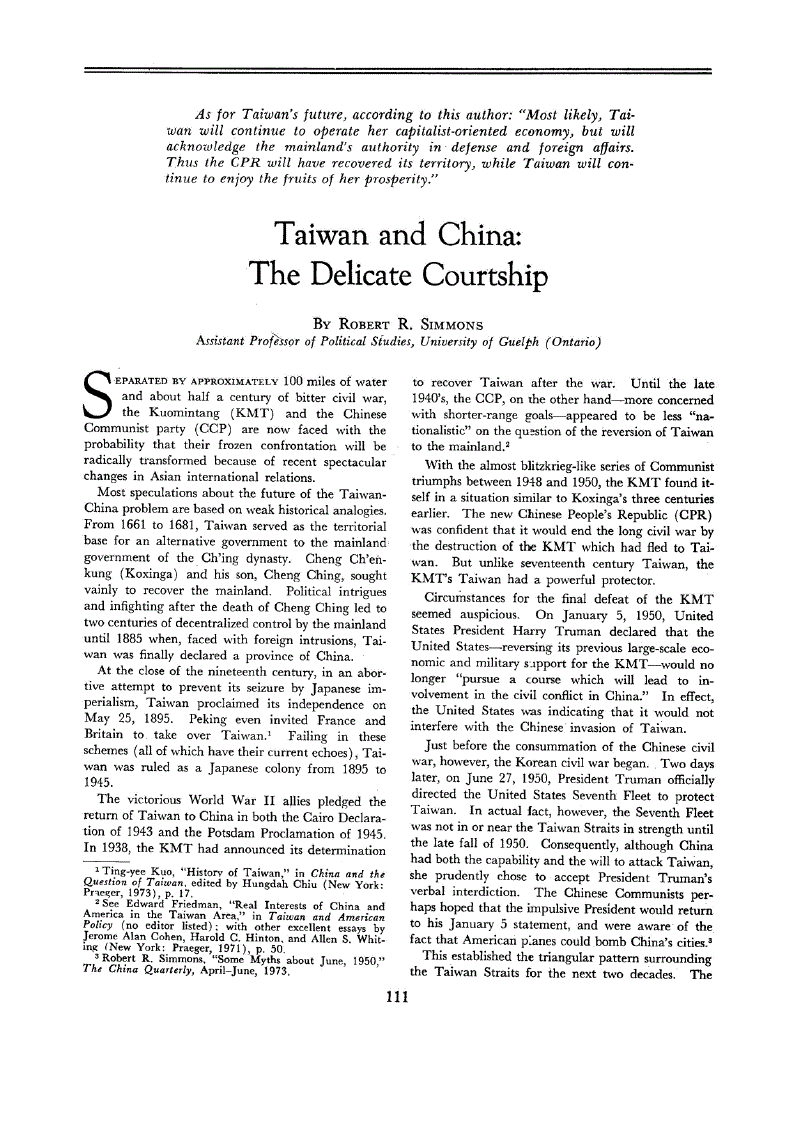 First page of Taiwan and China<subtitle>The Delicate Courtship</subtitle>