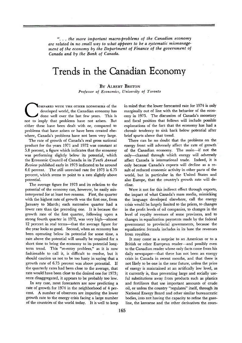 First page of Trends in the Canadian Economy