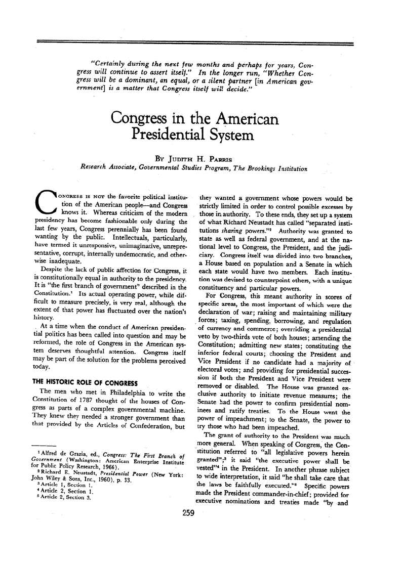 First page of Congress in the American Presidential System