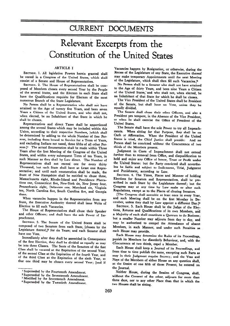 First page of Relevant Excerpts from the Constitution of the United States