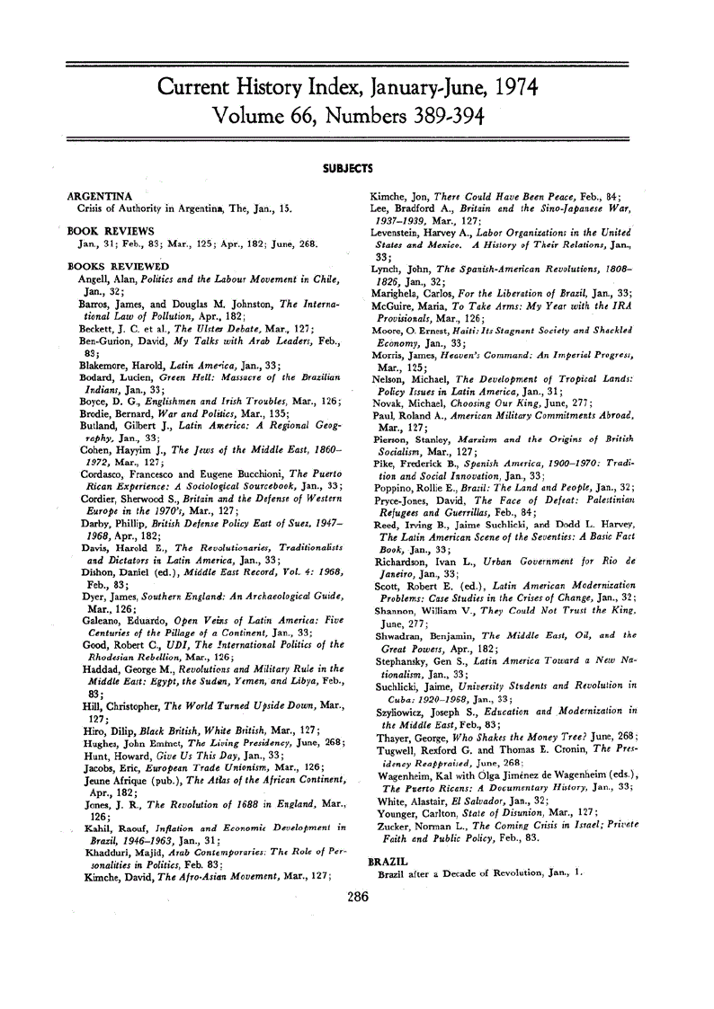 First page of Current History Index, January-June, 1974 Volume 66, Numbers 389-394