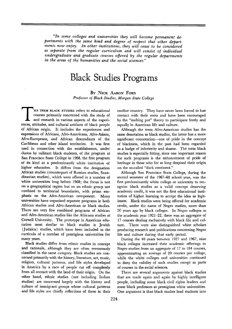 First page of Black Studies Programs