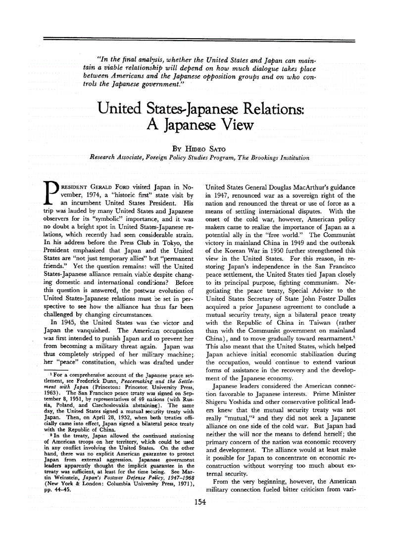 First page of United States-Japanese Relations<subtitle>A Japanese View</subtitle>