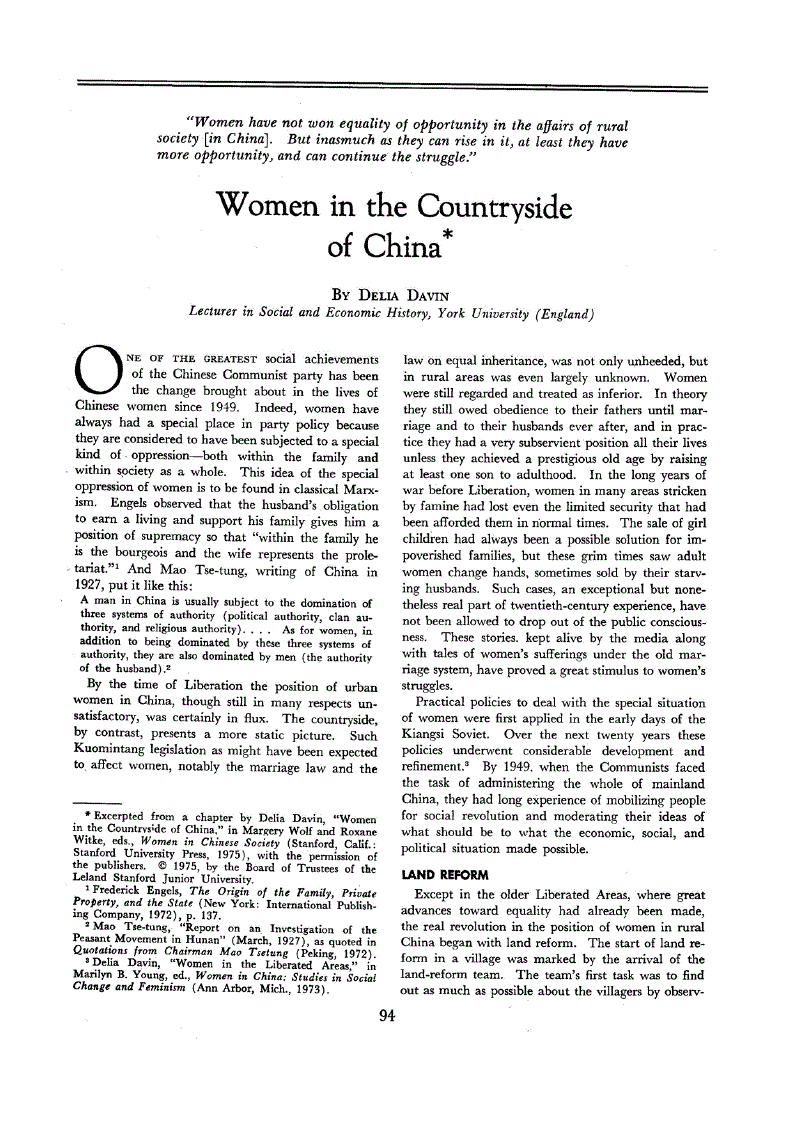 First page of Women in the Countryside of China<sup>*</sup>