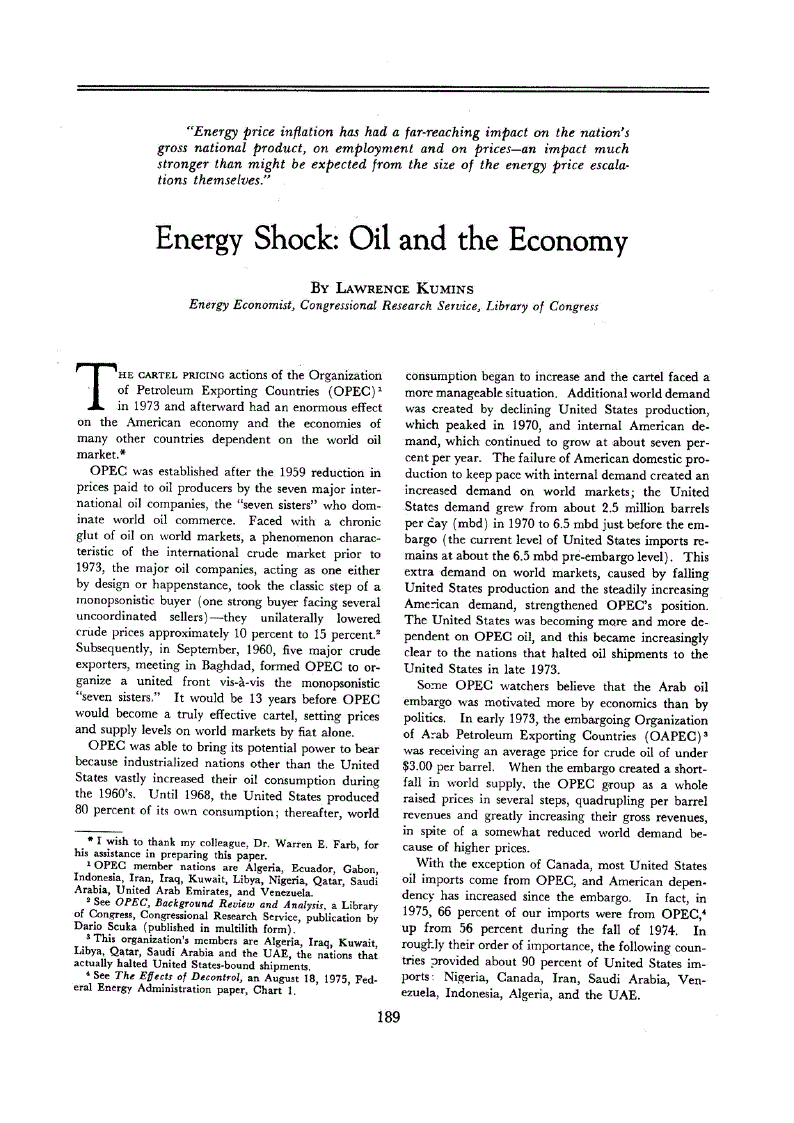 First page of Energy Shock<subtitle>Oil and the Economy</subtitle>
