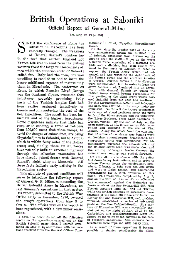 First page of British Operations at Saloniki<subtitle>Official Report of General Milne</subtitle>