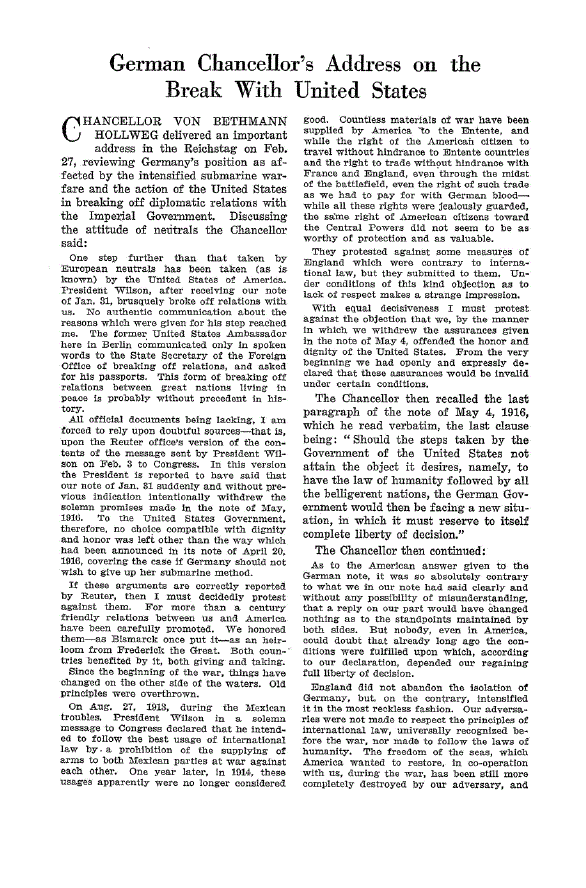 First page of German Chancellor’s Address on the Break with United States