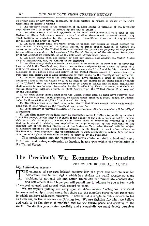 First page of The President’s War Economies Proclamation