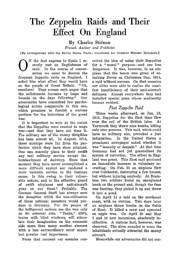 First page of The Zéppelin Raids and their Effect on England