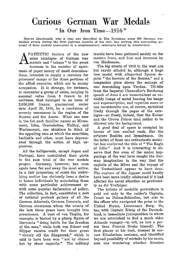 First page of Curious German War Medals<subtitle>“In Our Iron Time—1916”</subtitle>